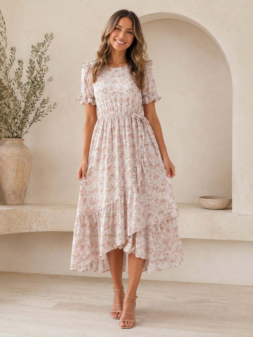 Sweetsalt Floral V-Neck Short Sleeve Tiered Maxi Dress
